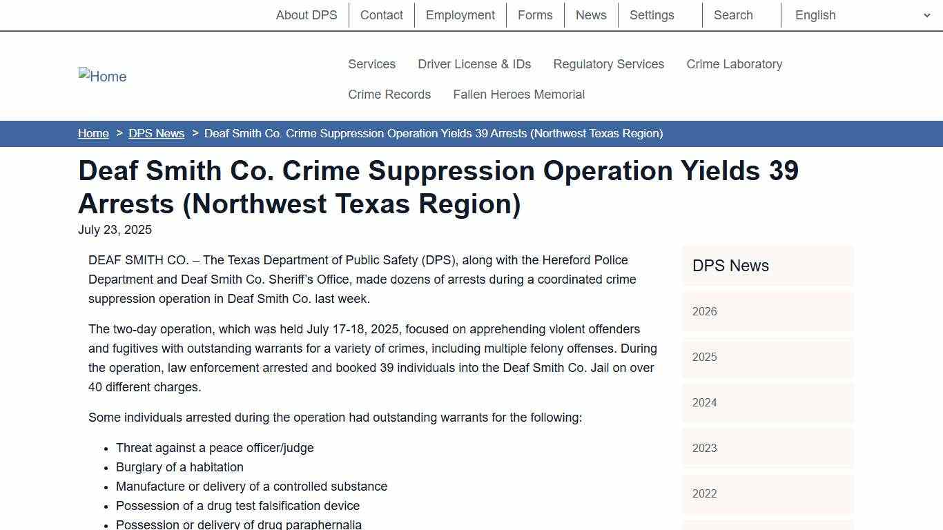 Deaf Smith Co. Crime Suppression Operation Yields 39 Arrests (Northwest Texas Region) | Department of Public Safety